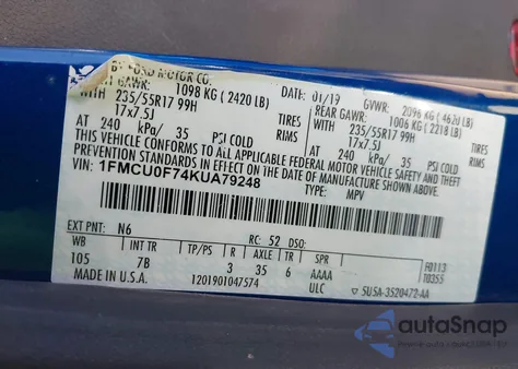 2019 Ford Escape S из США, поврежденный, VIN 1FMCU0F74KUA79248